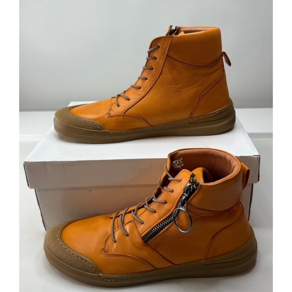 Sheridan Mia Orange Leather Alba High Top Sneakers Side Zip Womens US9 EU40 NEW